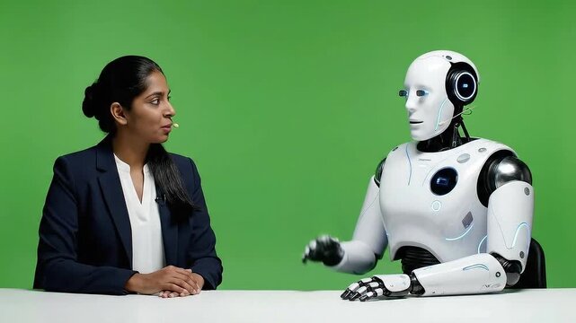 Businesswoman in Navy Blazer Engages in Conversation with Futuristic Robot Against a Bright Green Screen Background Illuminating a Collaborative