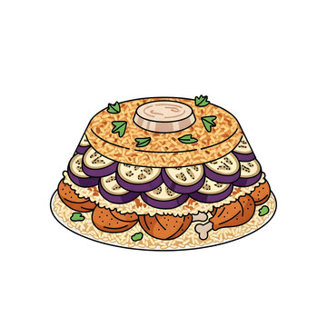Handdrawn illustration of Maqluba, a traditional Middle Eastern and Palestinian upside down rice and vegetable dish, with chicken and eggplant, served on a plate and garnished with parsley.