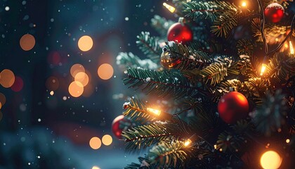 Christmas Tree with Warm Lights: A beautifully adorned Christmas tree, its needles dusted with snow, glows with warm, inviting lights and ornaments.