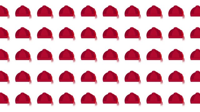 Repeating pattern of numerous small red baseball caps. Ideal for sportsthemed designs, apparel prints, or any project needing a fun and vibrant pattern.