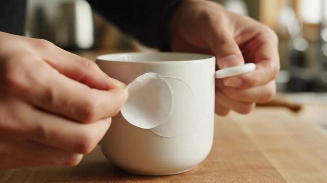 Close-up of hands carefully peeling a white circular sticker from a clean white ceramic mug on a wooden surface, soft natural light highlighting
