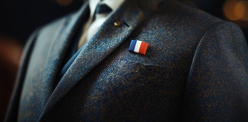 costume with the French flag in close-up. A close-up of a pin with the French flag on a formal suit, symbolizing national identity, patriotism, political diplomacy and official representation.