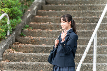 Junior high school, high school, and elementary school students in uniform descending the stairs of a school building
