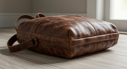 Close-up of a Brown Leather Backpack on Wood Floor, Soft Lighting