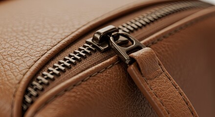 Close-up of a Brown Leather Bag Zipper, Detailed Texture and Craftsmanship.