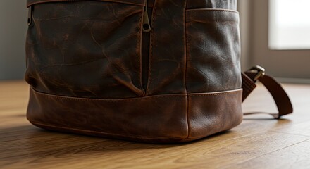 Close-up of a Luxurious Brown Leather Backpack on Wooden Floor, Soft Lighting.