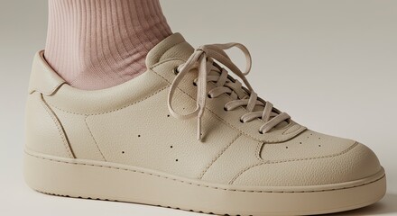 Close-up of a Light Beige Leather Sneaker with Detailed Stitching and Laces