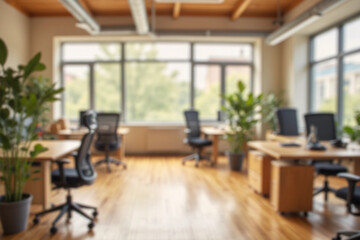 Warm-toned blurred office with an open-concept design, ergonomic furniture, and bright natural lighting. Modern and inviting. Blurred image, ideal for workspace designs.