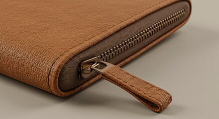 Close-up of a Luxurious, Zippered Brown Leather Wallet Detail