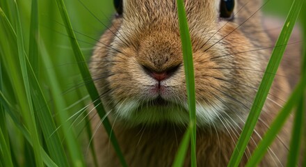 Close-up of a Rabbit's Face Peeking Through Green Grass