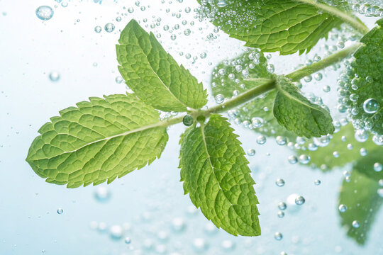 Close-up of fresh mint leaves in sparkling water, with bubbles rising. A refreshing and clean drink concept, perfect for cocktails, beverages, or healthy hydration visuals.