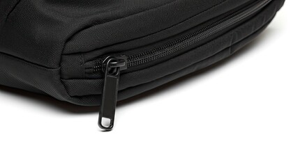 Close-up of Black Bag Zipper and Fabric Texture on White Background