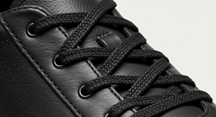 Close-up of Black Leather Shoe with Braided Laces and Metal Eyelets