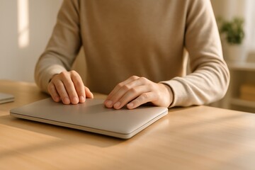 Fototapeta premium A person with fair skin gently rests their hands on a closed laptop, surrounded by a warm and inviting workspace.