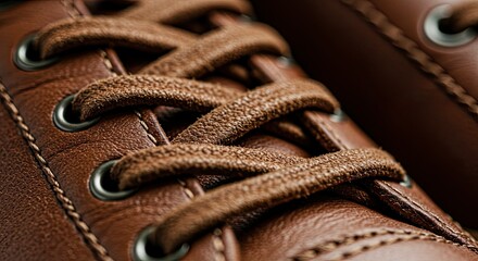 Close-Up of Brown Leather Shoe Laces, Texture, and Details.