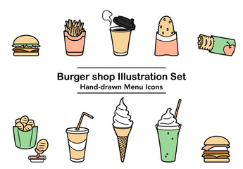 手描きのファストフードメニューを並べたアイコンセットのイラスト｜ハンバーガーやポテトやドリンクが並ぶカフェ風のデザインが特徴のメニュー素材