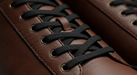 Close-up of Brown Leather Shoe with Black Laces and Brass Eyelets