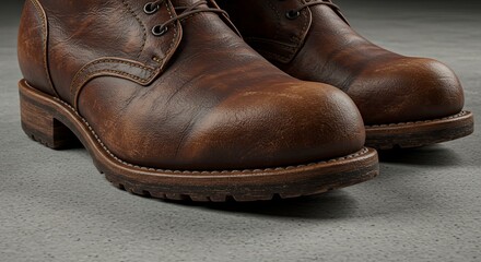 Close-up of Distressed Brown Leather Boots on Concrete Surface, Detailed Stitching and Laces, Warm Tones
