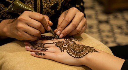 Close-up of Henna Artist Applying Intricate Design on Hand