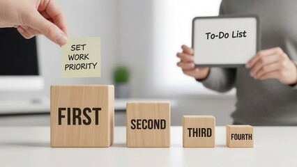 Task priority and management concept. The order of priority in any activity. Set work priority, arrange to do list. Wooden cubes with number first, second, third and fourth