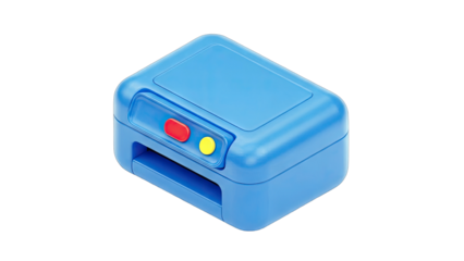 Blue Printer with Red and Yellow Buttons on White Background
