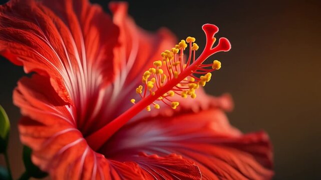 macro close up of hibiscus stamen with vivid red tones and sharp botanical detail