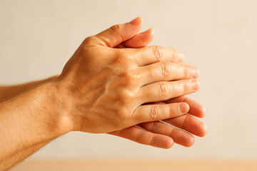 Two hands rubbing together in a soothing gesture, highlighting the skin texture and natural light.
