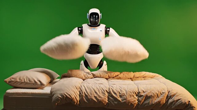 Futuristic humanoid robot with large fluffy white appendages stands over a neatly made bed with pillows on a vibrant green screen background