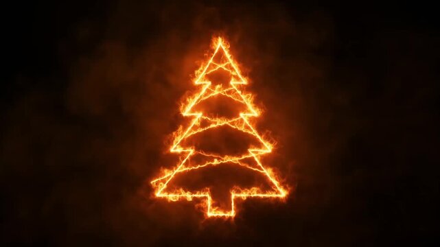 A glowing orange fiery outline of a Christmas tree against a dark, smoky background, symbolizing warmth and celebration.