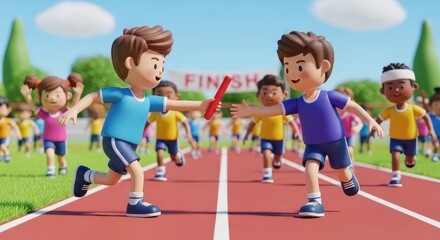 Fototapeta premium Cartoon children participate in a track and field relay race exchange on a sunny day