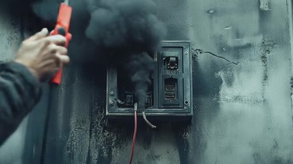 Electricians Hand Cutting Wires on a Smoking Electrical Box During a Power Outage.