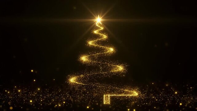 Golden sparkling Christmas tree outline with a bright star against a dark background, festive holiday season.