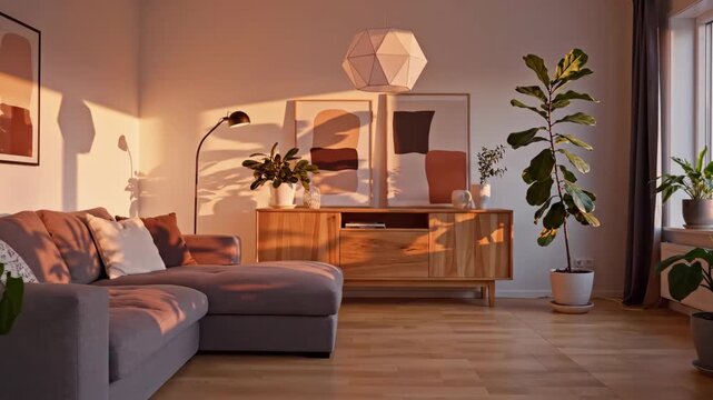 Cozy Living Room Interior with Warm Sunlight and Green Plants.