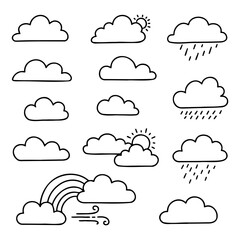 Hand Drawn Weather Forecast Clouds Sun Rain and Rainbow Doodle Set