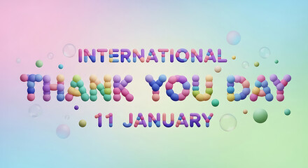 3D International Thank You Day Text on Pastel Colored Glossy Balloons Against Cloudy Sky Background