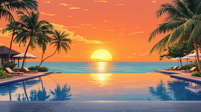 Beautiful sunset over the ocean with palm trees and pool. Tropical infinity pool with sunset views over the ocean. Luxury pool at sunset with palm trees and stunning horizon