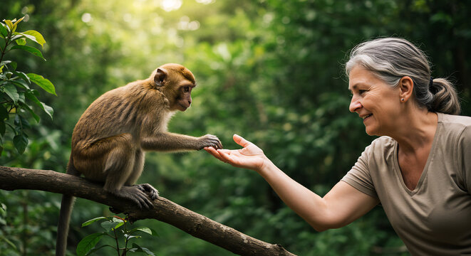 Kind woman gently offers her hand to a wild monkey bathed in warm golden jungle light.. AI Generated