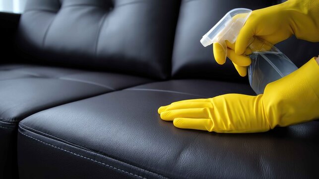 Person Cleaning Black Leather Couch with Spray Bottle and Gloves