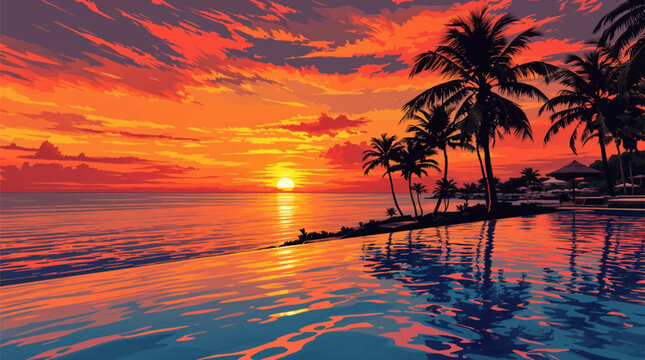 Sunset over the ocean with a luxurious infinity pool. Stunning sunset view from a beachfront infinity pool. Tropical sunset reflecting in an oceanfront pool.