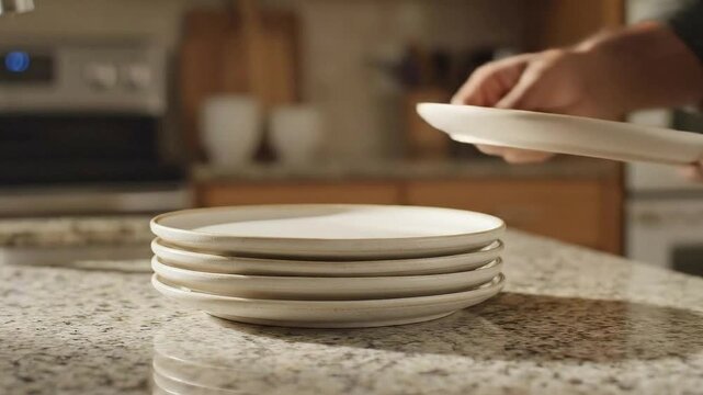 Hand Stacking Ceramic Plates in a Modern Kitchen with Natural Lighting and Speckled Countertop