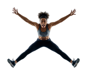 Athletic woman jumping in star shape with excitement. Fitness energy