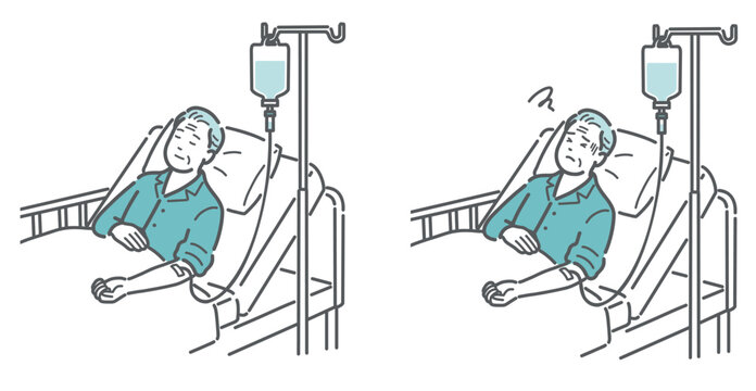 点滴を受ける高齢男性患者の比較イラスト（安静 vs 副作用・急変）