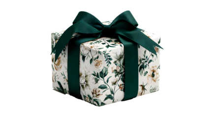 A beautifully wrapped gift box adorned with a delicate floral pattern and tied with a luxurious dark green ribbon and bow, isolated on a clean transparent background