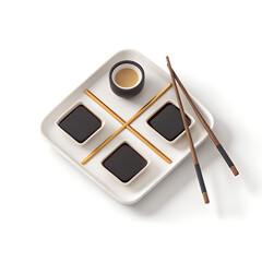 Sushi Composition: An artistic presentation of sushi components on a square plate, featuring a bowl of soy sauce and dipping sauces, with chopsticks arranged in a creative manner.