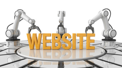 Robotic arms constructing the word WEBSITE in a 3D render, symbolizing modern web development and digital future.