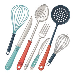 Culinary Tools Ensemble: An array of essential cooking utensils, arranged artfully. Featuring a whisk, knife, spoon, fork, skimmer, perfect for preparing meals