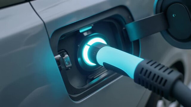 Charging Electric Vehicle: The future of transportation takes shape as an electric vehicle undergoes charging, a symbol of sustainability, innovation, and environmental responsibility. 
