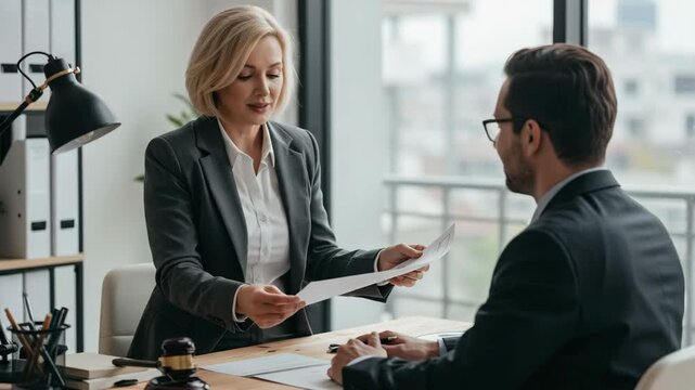 Businesswoman and man in office meeting with papers and joyful expressions