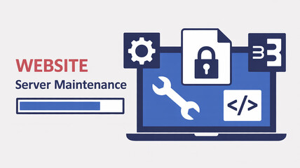 Minimalist vector illustration of website server maintenance, data security, and ongoing code development with progress bar
