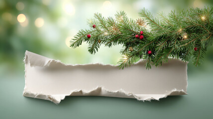 Green background with torn paper and pine branches adorned with red berries and lights, creating a festive atmosphere for holiday greetings and seasonal celebrations